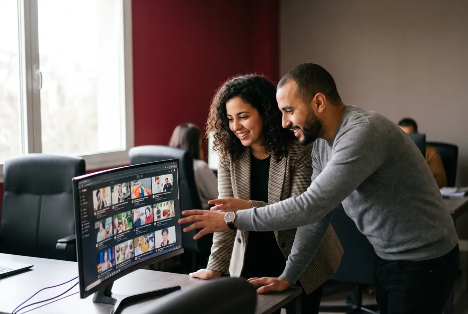 Marketing professionals reviewing UGC creator videos